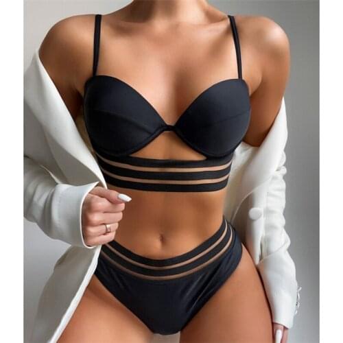 Summer Mesh Bikini Swimwear Women Push Up 2 Pieces Set High Waist Black Swimsuit Female 2021 Beachwear Womens Swimming Suit New