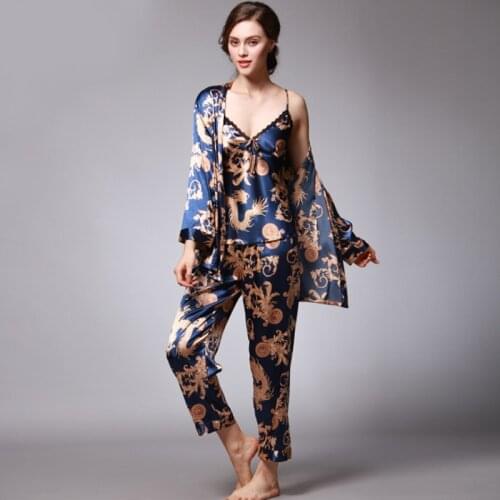 Summer Silk Pajamas, Womens Robe, Printed Ice Silk, Home Service, Fashionable Sexy Suspenders, Trousers, Robe, Three-piece Suit