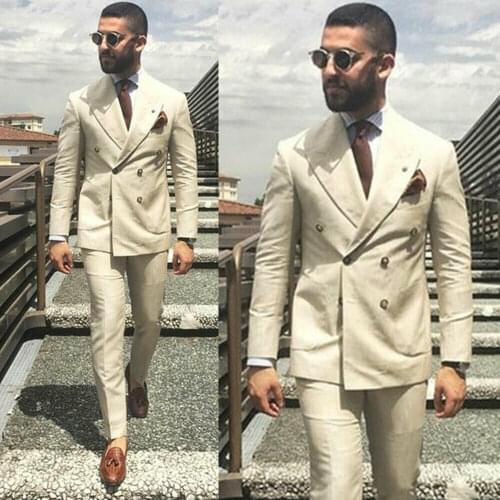 Summer Mens Ivory Beige Suits Wedding Tuxedo Formal Slim Fit Double Breasted Groom Prom Dinner Blazer Suits(Jacket+Pants)