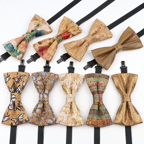 New Mens Cork Wood Fashion Bow Ties Vintage Rose Print Bowtie Handmade Floral Cravat For Wedding Casual Party Man Accessories