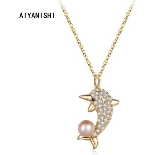 AIYANISHI 18K Gold Filled Natural Freshwater Pearl Necklaces Dolphin Charm Necklaces Jewelry Freshwater Pink Pearl Necklaces