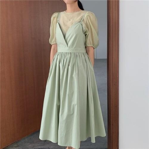 Summer Women V-Neck Camisole Dress Korean Solid A-Line High Waist Mid-Calf Dresses Ladies Slim Vestidos Female