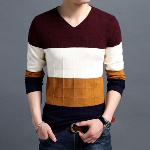 Casual Jumpers Outwear Full Sweater New Men Pullover Fashion V Neck Spring Autumn Slim Fit Knit Patchwork Striped Male Sweater