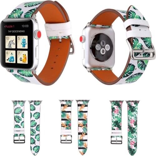 Summer Flowers Strap for Apple Watch Genuine Leather Band Series 3 2 1 38mm 42mm Wristband Leave Floral Bracelet Belt