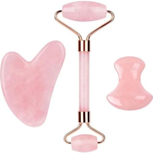 Rose Quartz Pink Crystal Face Jade Roller Set Gua sha Gouache Scraper Natural Pink Crystal Roller Massager Facial Beauty Tools