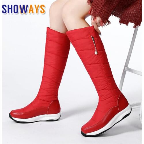 2021 Genuine Leather Women Knee-high Snow Boots Warm Plush Black White Pearl Casual Travel Lady Winter Wedge Platform Long Boots