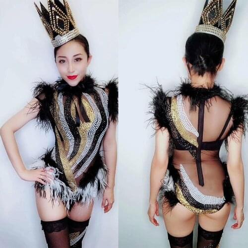Female Singer Dance Fashion Sexy Black Rhinestones Feather Bodysuit DS DJ Costume Outfit Party Wear Stage Leotard Jumpsuits