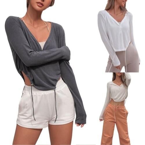 Women Sexy Simple Style Pullover, Solid Color Deep V-neck Long Sleeve Irregular Tops, White/ Charcoal/ Apricot