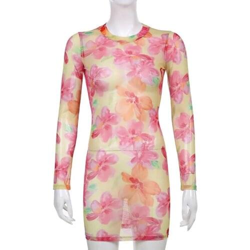 SURUFENG Mesh 2021 Floral Print Long Sleeve Dress Women Sexy See Through Summer Slim Beach Party Sheath Mini Bodycon Dresses