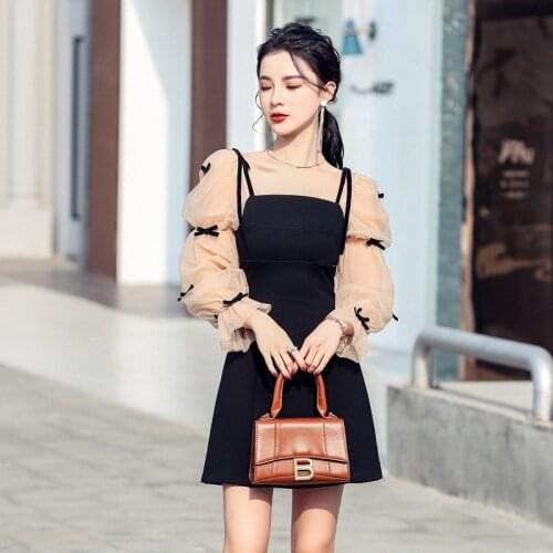 2021 spring Summer French Women stereoscopic bow-knot black Dress Net yarn patchwork Suspender skirt Evening Dresses Long sleeve