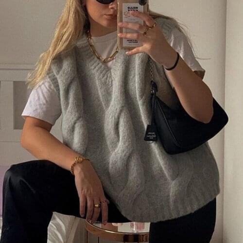 PUWD Vinatge Woman Grey Oversized V Neck Thick Knitted Vest Autumn Winter Fashion Ladies Loose Soft Tank Female Casual Sweaters