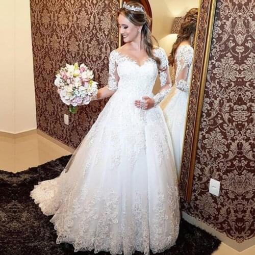 ZJ9160 Sexy Super Quality Lace Ball Gown White Ivory Long Sleeve Wedding Dress 2020 2021 Bride Dresses Lace Bottom Plus Size