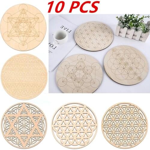 10PCS Round Edge Circles Carved Coaster Natural Chakra Flower of life Symbol Wood For Stone Crystal Set Home Kitchen DIY Decor