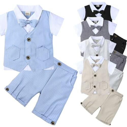 2021 Summer Children Boy Gentleman Suits Short Sleeve White Shirt with Bow Tie+Striped Vest+Shorts 3Pcs Formal Kids Clothes Sets