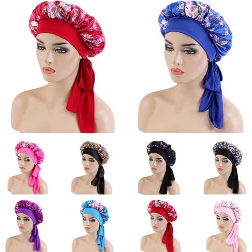 Printed Satin Bonnet Wide Stretch Ties Long Hair Care Women Night Sleep Hat Adjust Hair Styling Cap Silk Head Wrap Shower Cap