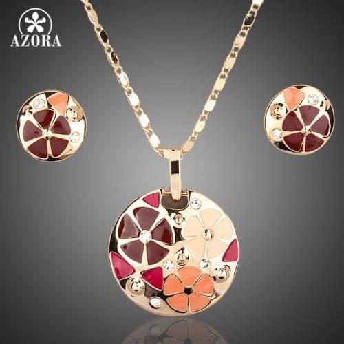 AZORA Gold Color Multicolour Flower Design Stud Earrings and Pendant Necklace Jewelry Sets TG0004