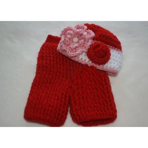 Free shipping,Baby girls Crochet flower Hat with matching red Pants baby sets,newborn Photo Photography Prop 100%cotton