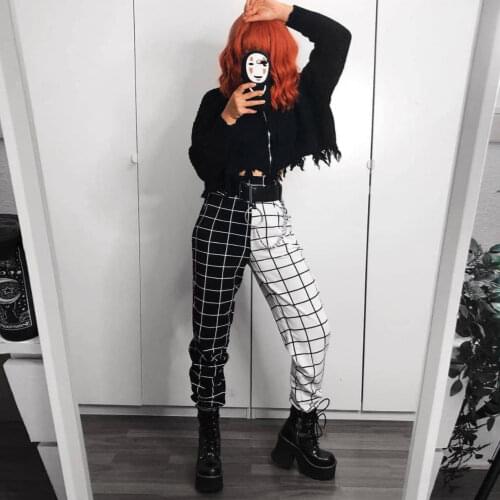 Emo Plaid Patchwork Trousers Streetwear Egirl Black and White Checkerboard Cargo Pants Women Joggers Clothes Hight Waist Alt Y2k