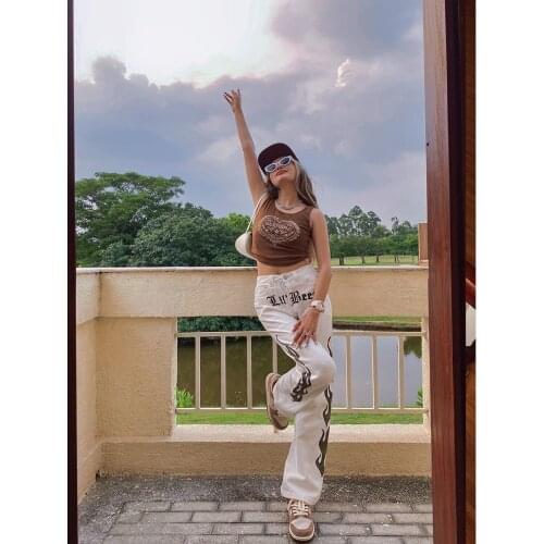 2021 new Boy friend fried street white casual pants female straight retro jeans Embroidery vintage streetwear letter white pants