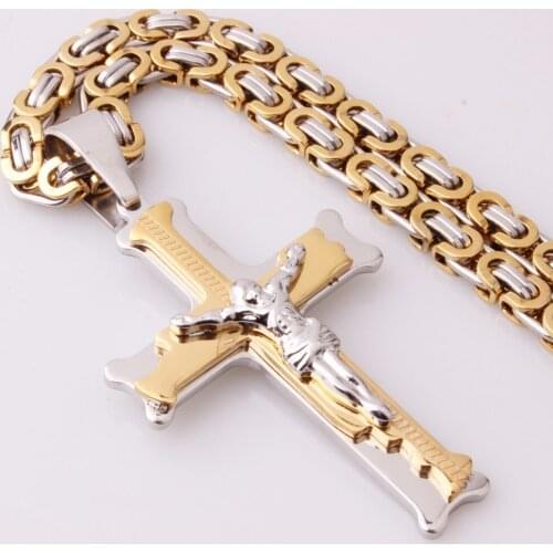 Jesus Cross Pendant Necklaces 6mm Silver Color Gold Link Byzantine Chain Stainless Steel Men Jewelry Collar Gift