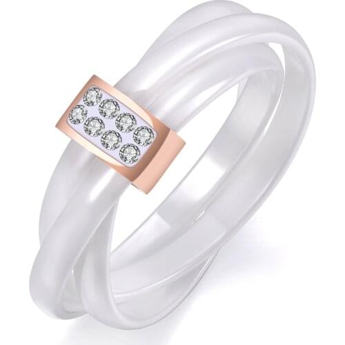 Exclusive 3 Layers Black/White Ceramic Crystal Wedding Rings Jewelry Rose Gold Stainless Steel Rhinestone Ring R19066
