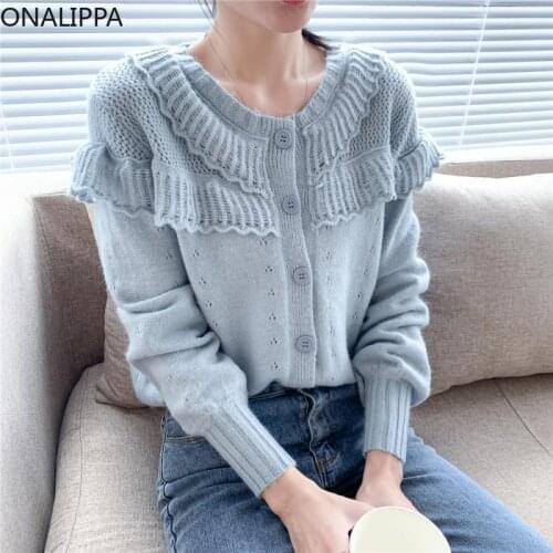 ONALIPPA Linen Pattern Sweater Women 2021 Autumn Design Niche French Short Cut Out Gentle Sweet Long-Sleeved Knitted Cardigan