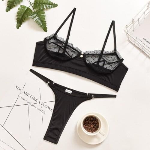Sex Lingerie Set Lace Transparent Bra Set Dot Mesh Bralette Women Push Up Brassiere T Back Panties Sets Backless Erotic lingerie