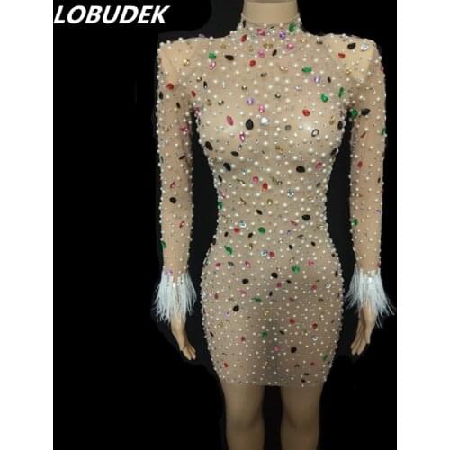 Colorful Rhinestones Transparent Mesh Dress Luxury Birthday Prom Crystals Outfits For Women Nightclub Bar Singer Stage Costume