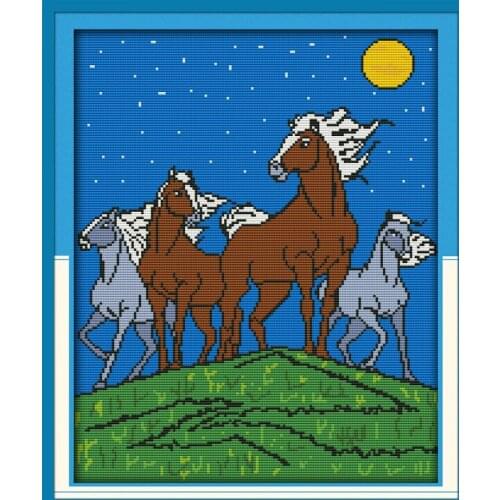 Horses in the moonlight cross stitch kit 14ct 11ct pre stamped canvas embroidery DIY handmade needlework