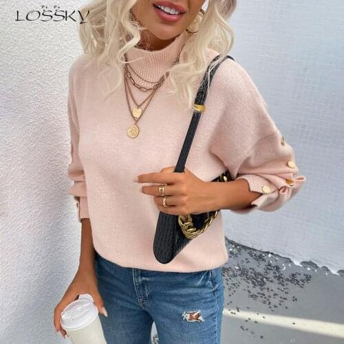 Elegant Women Knitted Turtleneck Sweater Casual Long Sleeve White Basic Top Korean Fashion Button Solid Sweaters Autumn 2021