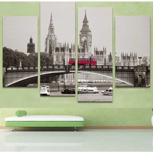 Living Room Wall Art Pictures HD Printed Painting 4 Panel London Red Bus And Building View Modern Home Decor Poster Framework