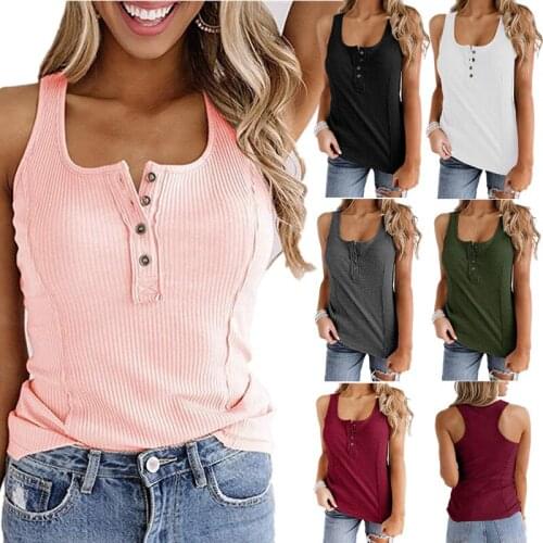 Womens New 2021 Sexy Summer Youth Sling Solid Color U-neck Slim Threaded Button Casual T-Shirt Commuter Womens Wear