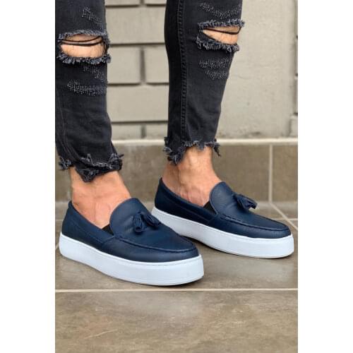 KNACK Blue Daily Shoes Van for Men 717 White Bottom Artificial Leather Rubber Fall & Spring Casual Outdoor Comfortable Footwear Venus Fast and Free Shipping High Quality Fabric