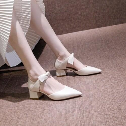 Pointed Hollow High Heels Womens Thick Heel Spring and Summer New Bow 5cm Temperament Women Sandals