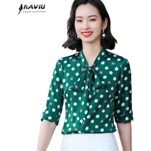 Bow Polka Dot Shirt Women 2021 Summer Fashion High End Temperament Satin Chiffon Blouses Office Ladies Work Tops