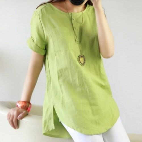 2021 Cotton Linen Lining Dress Summer Shirt Womens Top Loose Short-sleeved Loose Literary Round Neck Short-sleeved Top Shirt