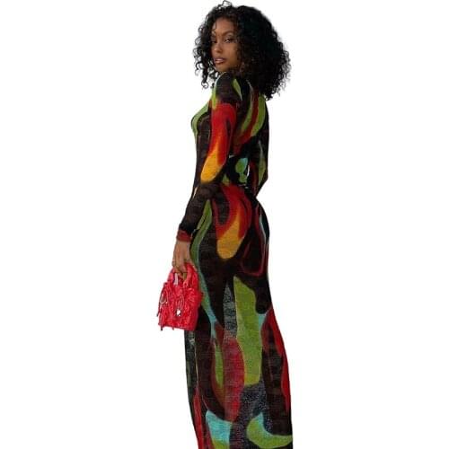 Casual Women Dress Print Colorful See Through Party Night Clubwear Dress For Women Outfit