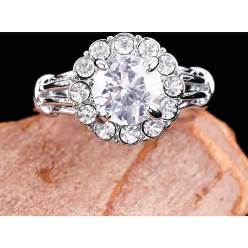 Simple Design White CZ Stone Flower Ring Rhinestones Silver Color Rings for Women Girls Classic Wedding Party Jewelry Gift