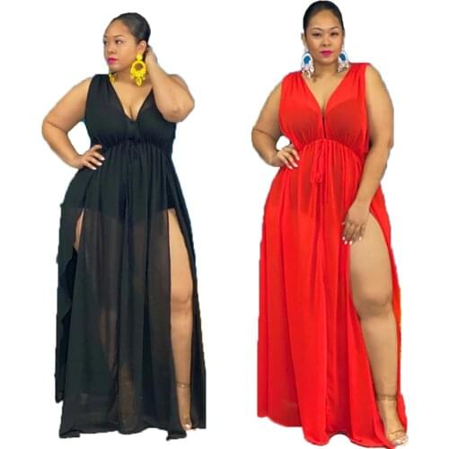 Plus Size Women Clothes Sexy Half Open Collar Lace-up Solid Color See Through Split Fork Mesh Party Dress Wholesale Dropshipping