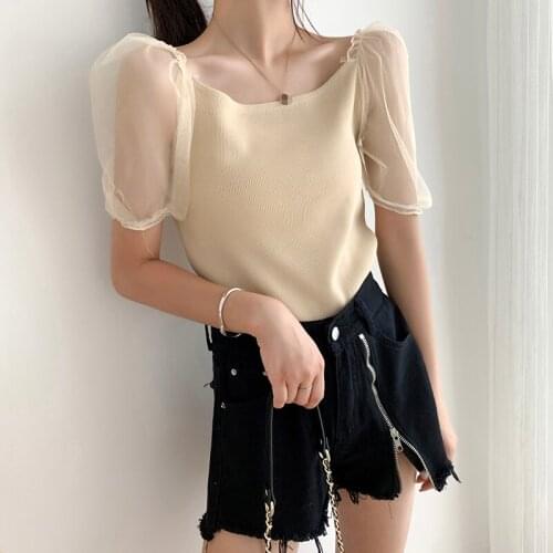 Heliar Mesh Sleeve Knitted O-Neck Shirt Female Sexy Solid Tops Gauze Short Sleeve Patchwork ShirtTops For Women 2021 Summer