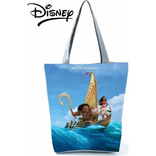 Disney Moana Handbag Cartoon Girl Women Shoulder Bag Ocean Sailboat Blue Eco Reusable Shopping Bag Black Person Travel Beach Bag