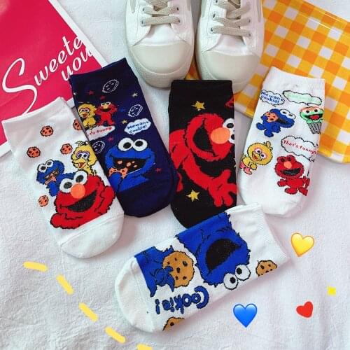 Women Socks For Girls Cotton Ankle Socks Women Summer Sesame Street Cartoon Cosplay Socks Elmo Cookie Monster Ladies Cute Sock
