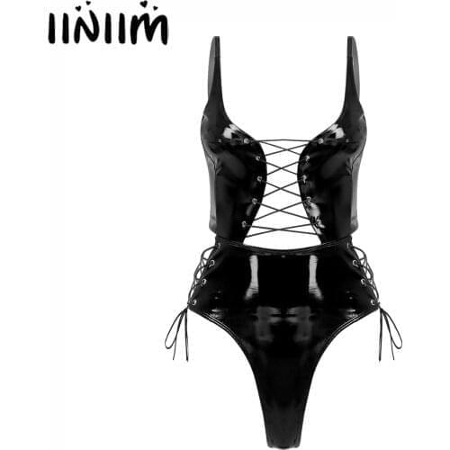 Womens Body Latex Bodysuit Catsuit Spaghetti Strap Patent Leather Costumes Hot Lady Lingerie Wetlook Lace-up Catsuit Clubwear