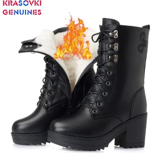 Krasovki Genuines Wool Women Snow Boots Fashion Genuine Leather Fur Warm Shoes Plush High Boots Platform for Women Winter Boots