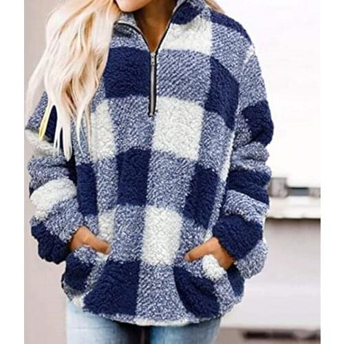 Women Pullover Casual Sweatshirt Tops Winter Fashion Pullover Plaid Lapel Fleece Womens Clothes Fluffy Hoodies Pullover