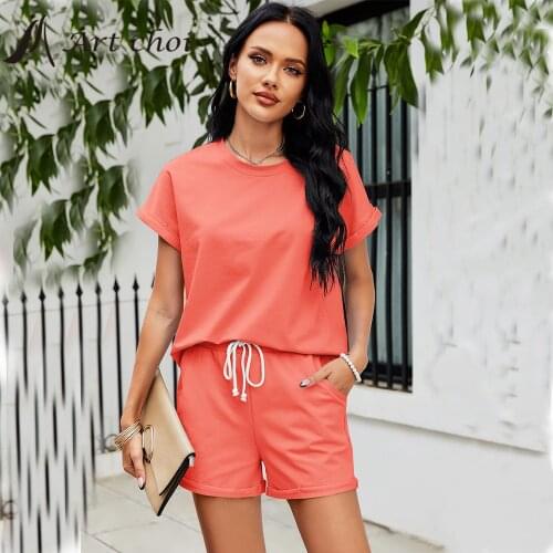 2021 Summer Two Piece Set Pullover Tracksuit Casual Outfit Suits Women Solid T Shirt Tops Roll Sleeve Shorts Pants 2 Piece Sets