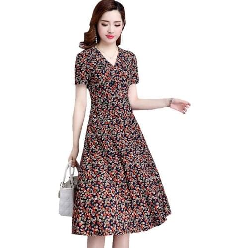 Womens Summer printing Dress Large size Loose Street Style Vestir New Elegant Sexy V-neck Female Short sleeve Dresses OK645