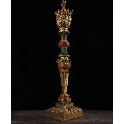 20" Tibet Buddhism Old Bronze Painted Pupa King Kong set Three-sided Mahakala Head Statue Skull Dorje Vajra Phurpa