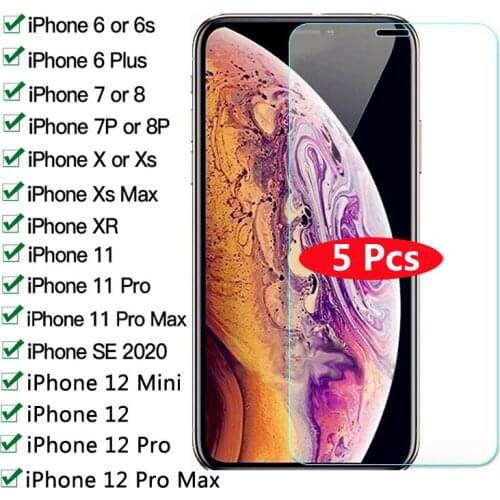 5Pcs Tempered Glass For iPhone 11 12 Pro Max X XS Max XR 5 5S SE 2020 Screen Protector Protective Film For iPhone 6 6s 7 8 Plus