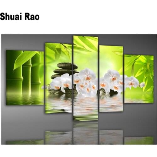 White orchids bamboo stones round diamond embroidery 5d diy diamond painting cross stitch full square diamond mosaic wall art
